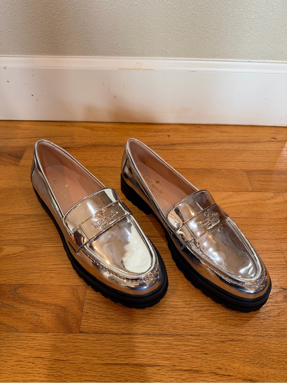 kate spade Metallic Mirror Penny Loafers in Silver